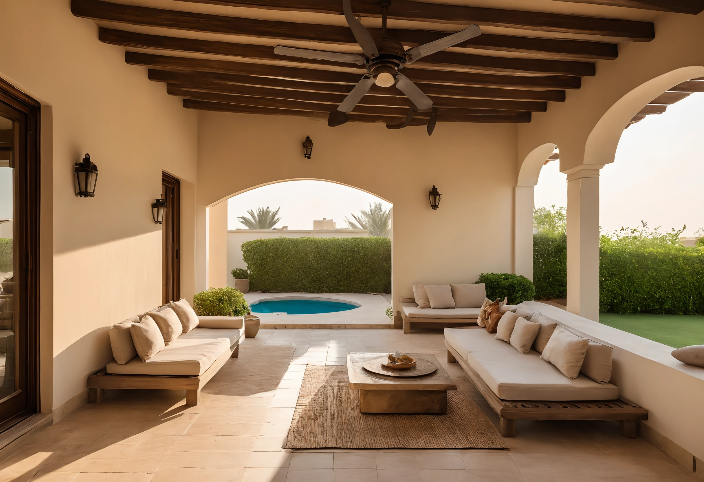 Covered villa terrace with ceiling fans, a low outdoor sofa, a stone floor and a small garden beyond