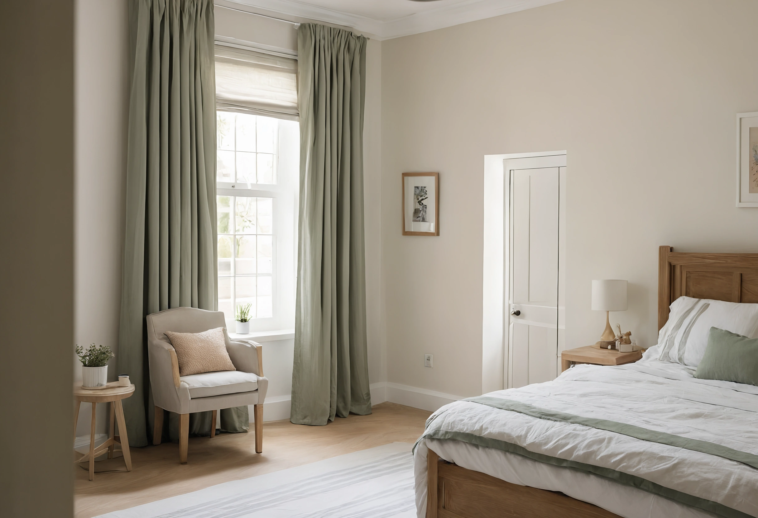 Villa bedroom with a modest window, a pale roller blind and full-length green curtains, an armchair beside the bed