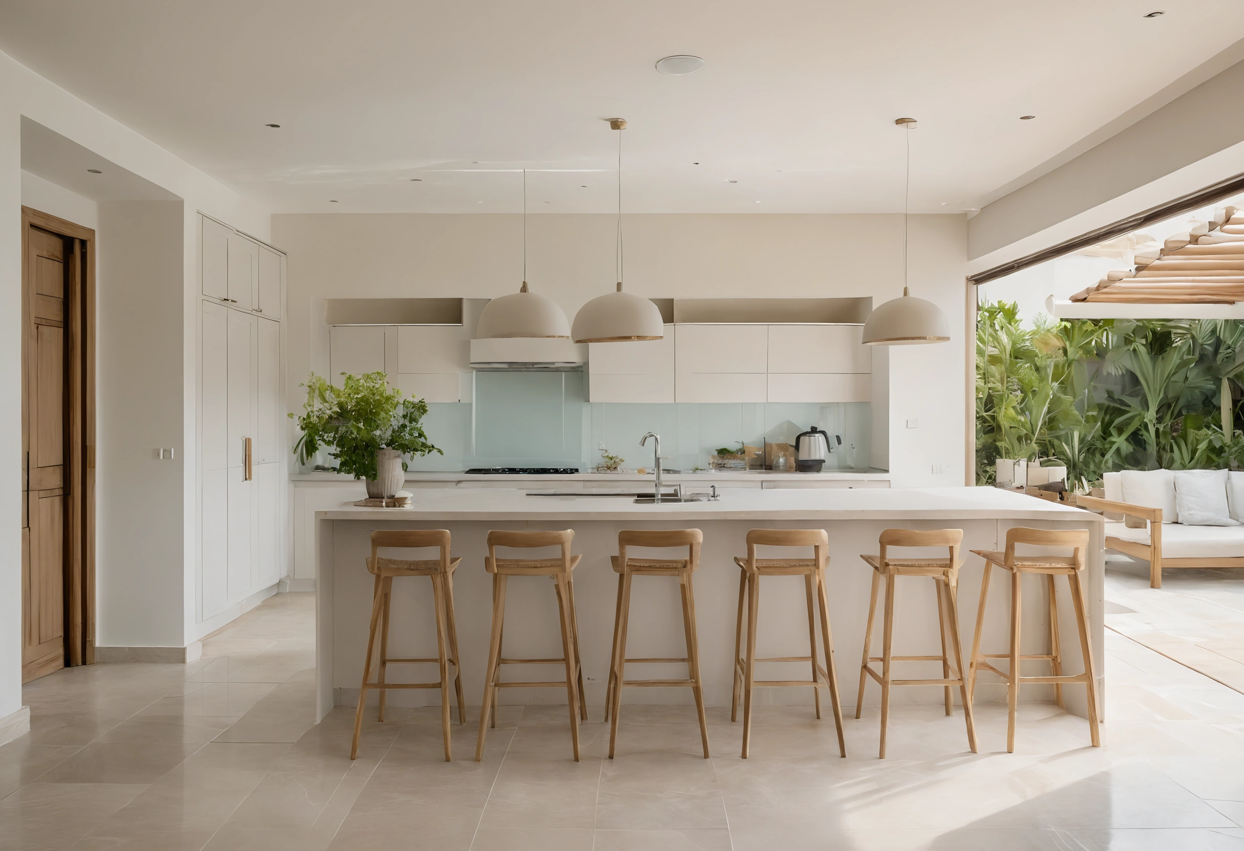 Villa kitchen with a long white island and stools opening to a covered terrace and garden